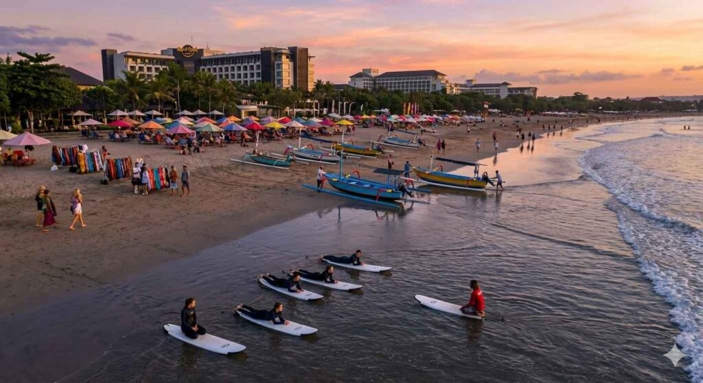Spectacular orange and pink sunset over Kuta Beach with silhouetted surfers and palm trees