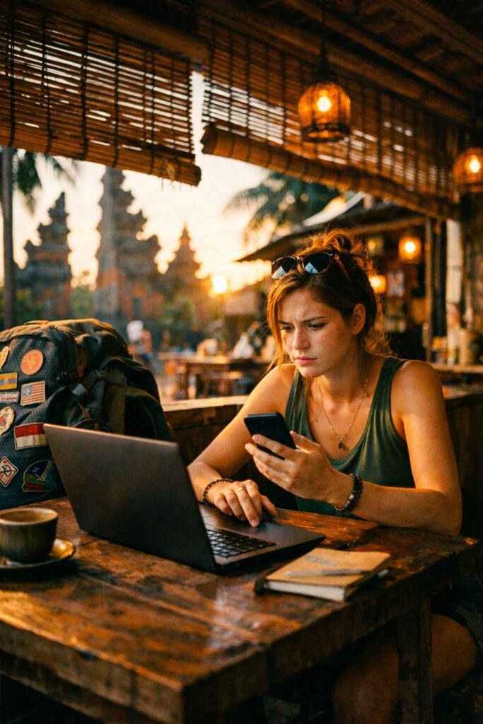 Tourist purchasing travel insurance for Indonesia tourism online.
