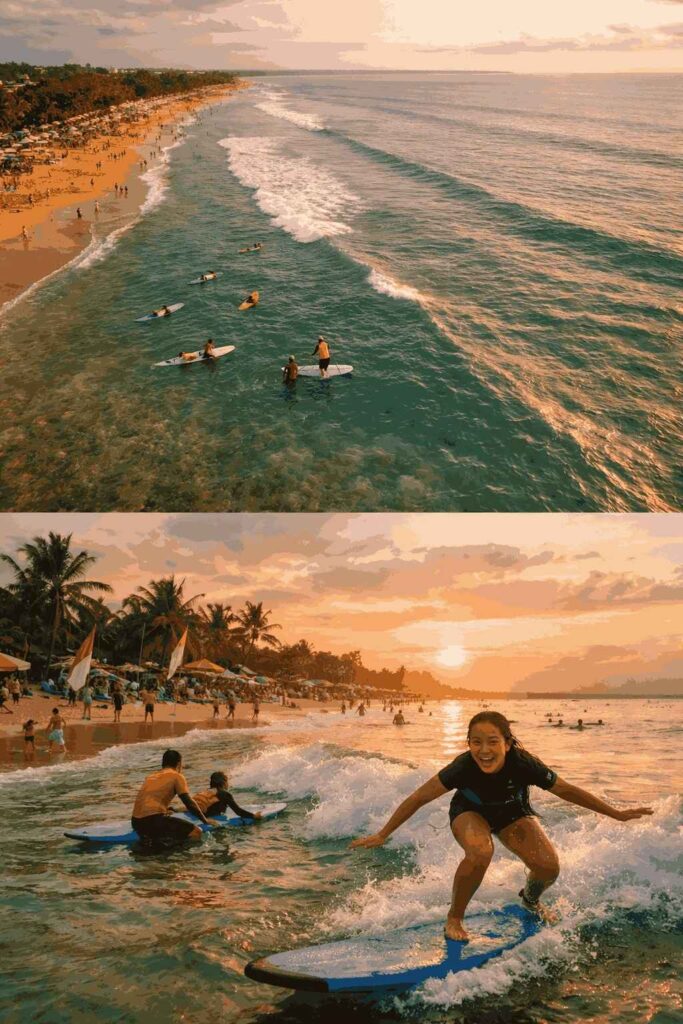 Beginner surf lessons Kuta Beach gentle waves with instructor