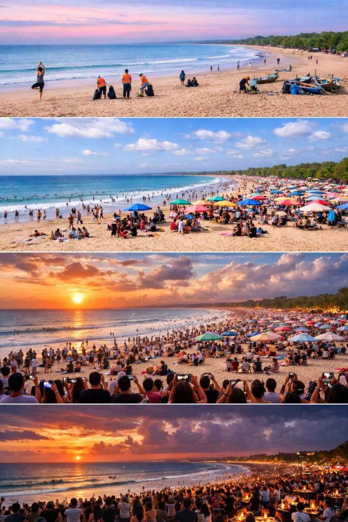 Aerial view of Kuta Bali Beach at sunset showing golden sand, surfers catching waves, and beachfront hotels along the coast