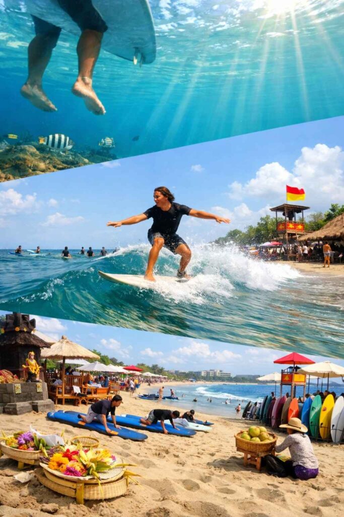 Beginner surfers taking lessons in gentle waves at Kuta Bali Beach with instructor demonstrating proper stance on surfboard