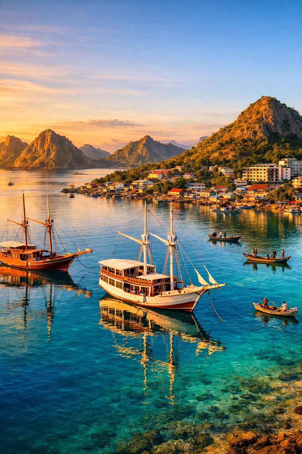 Sunrise view of Labuan Bajo harbor with traditional phinisi boats, fishing village, and Komodo National Park islands showing Indonesia's emerging tourism destinations