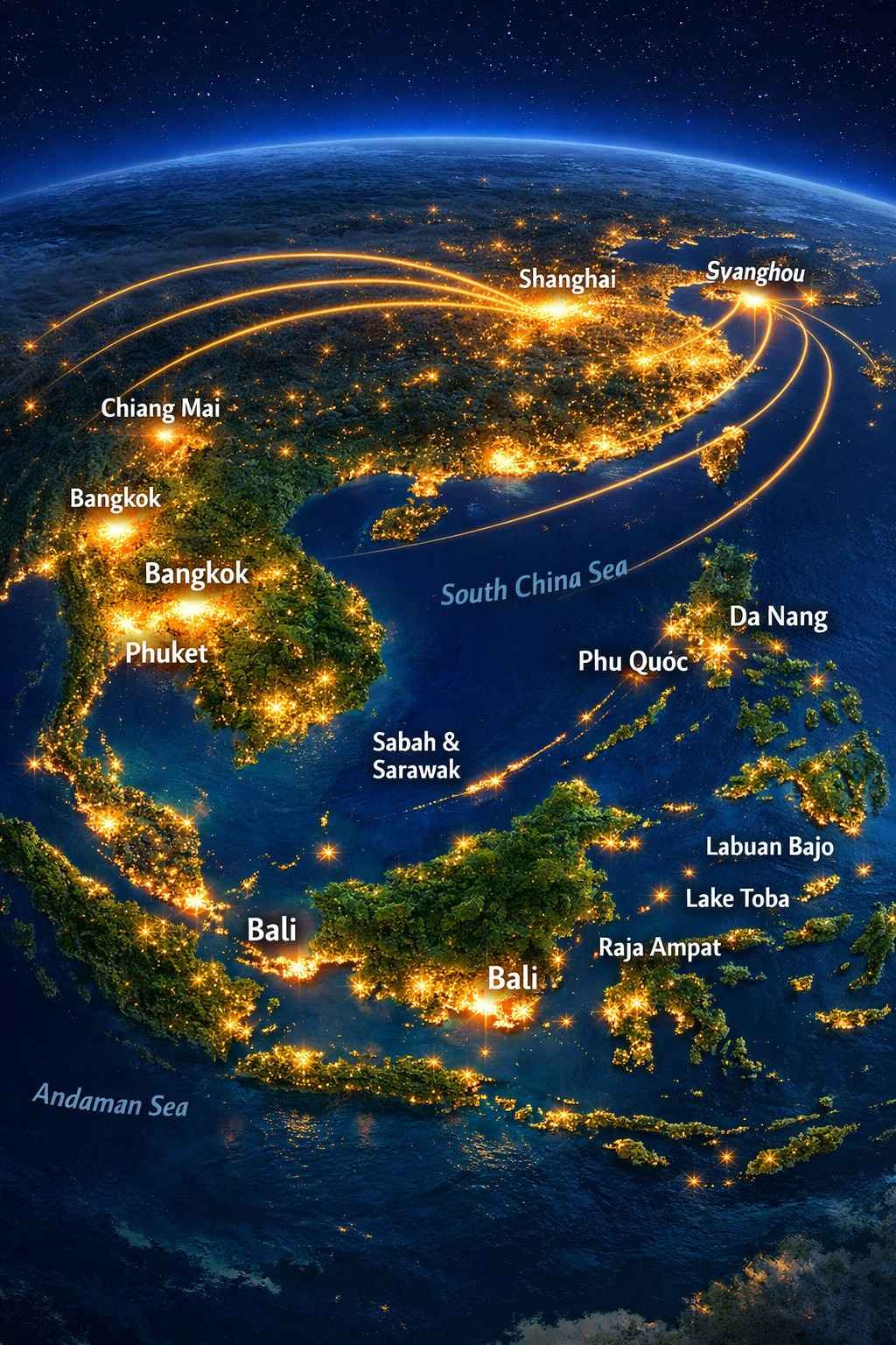 Twilight satellite-style map of Southeast Asia showing illuminated tourism destinations and flight path connections illustrating regional competition for Chinese travelers