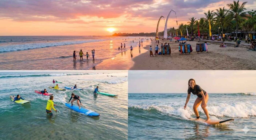 Kuta Beach Bali Indonesia sunset with surfers and golden sand.