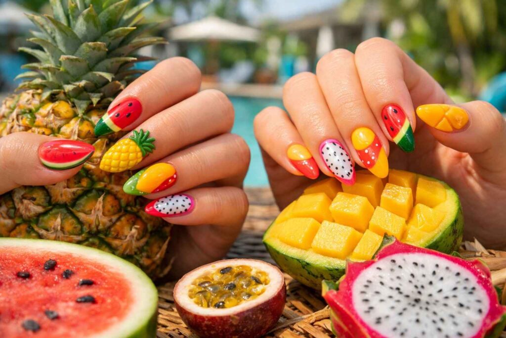 Bali holiday nails ideas. Acrylic bali holiday nails ideas showing tropical fruit nail designs