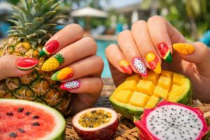 Bali holiday nails ideas. Acrylic bali holiday nails ideas showing tropical fruit nail designs