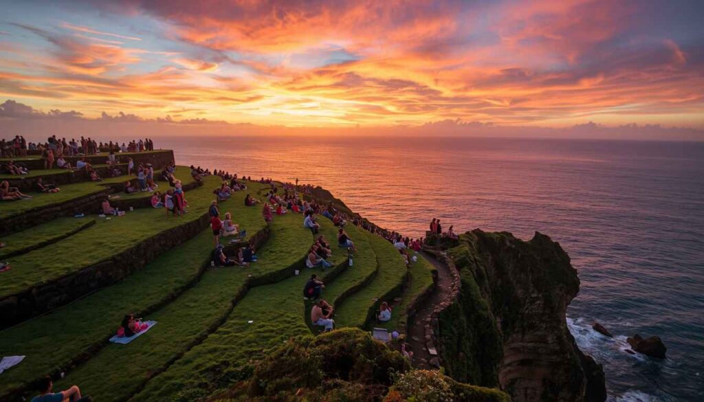 Multi-level grass platforms at Balangan Beach sunset viewpoint filled with visitors watching orange and pink sky