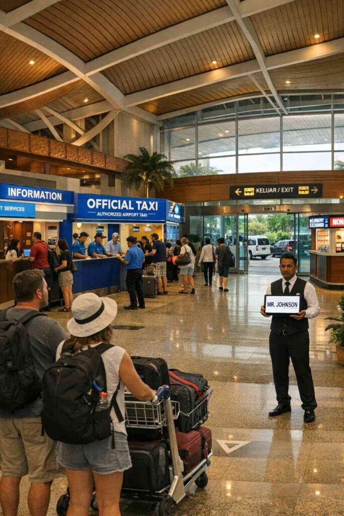 Ngurah Rai International Airport arrival hall showing official taxi counter and private transfer meeting point in Bali Indonesia