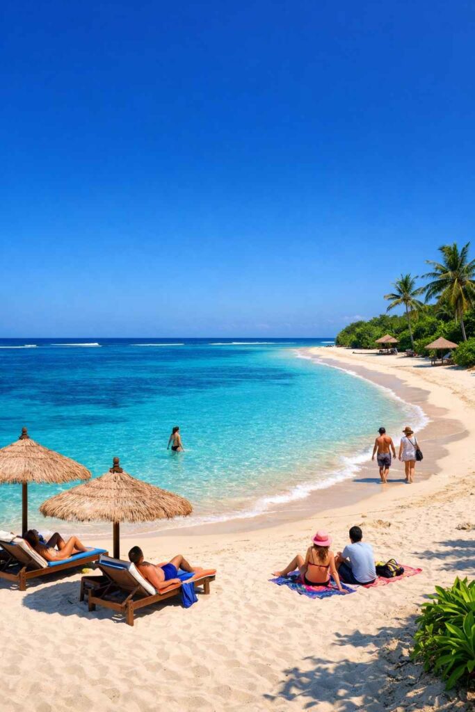 Clear blue sky and calm ocean during Bali dry season at Nusa Dua beach with tourists
