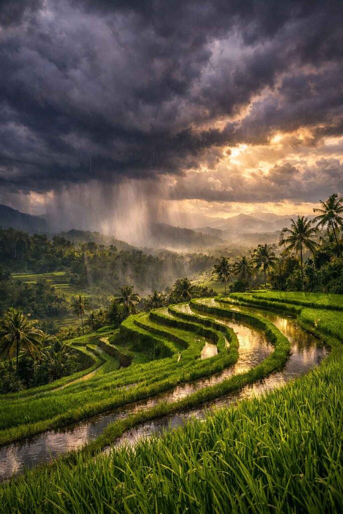 Bali wet season rain over rice terraces with dramatic clouds and lush green landscape