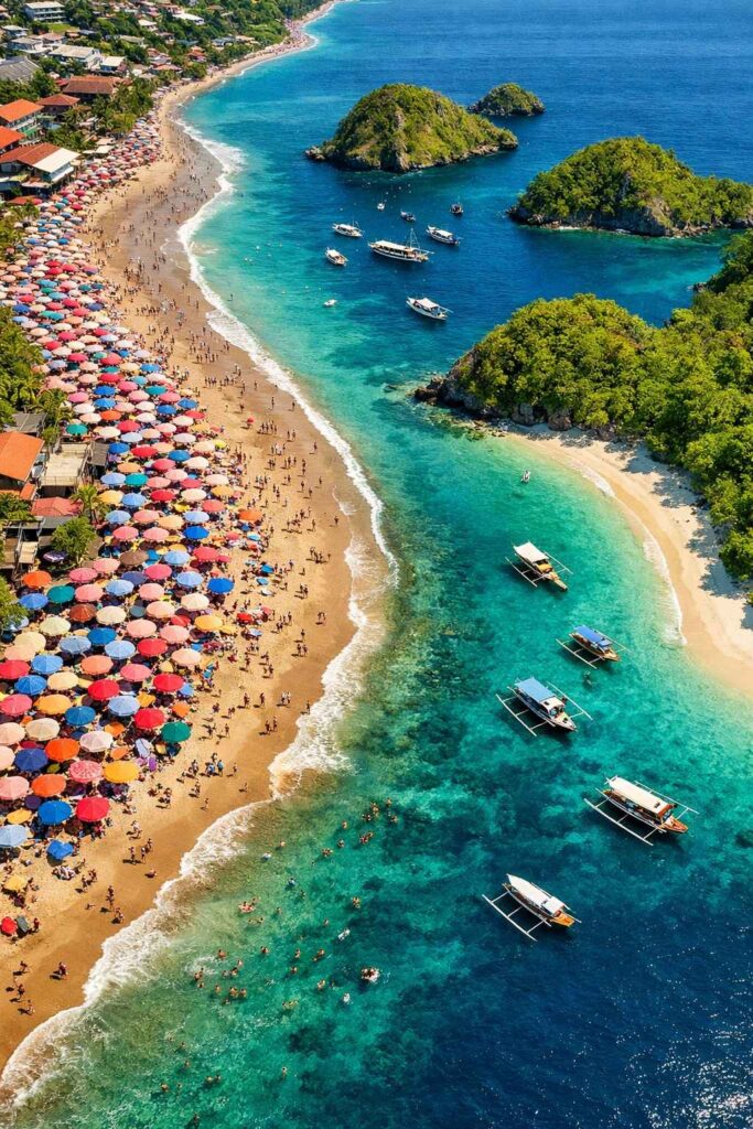 Aerial view contrasting crowded Bali tourism with pristine emerging Indonesian destinations illustrating decentralization strategy