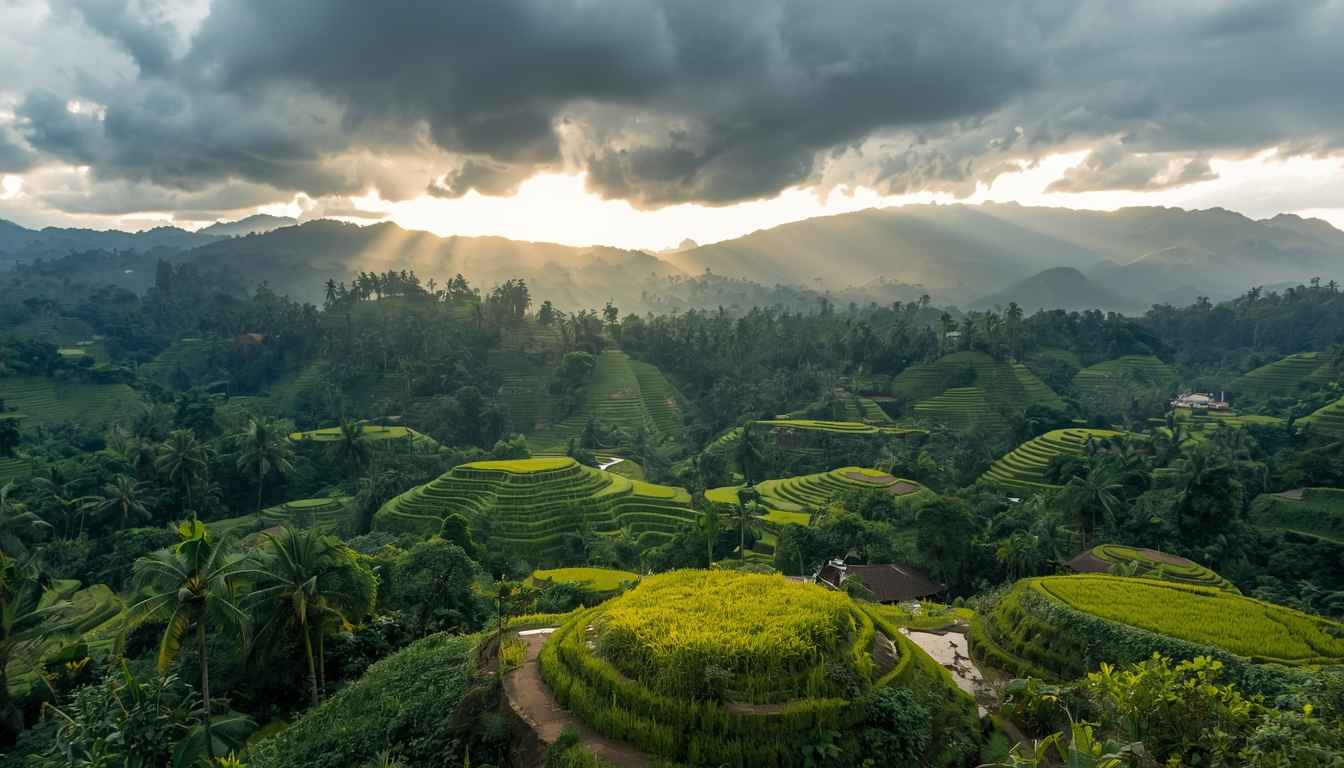 Bali weather February showing lush green rice terraces under tropical rain clouds with sunlight breaking through