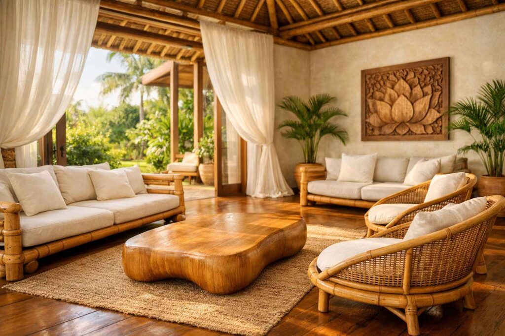 Balinese interior design with natural bamboo furniture and linen textiles in tropical villa