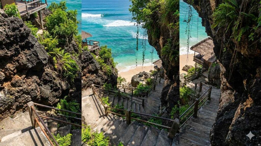 Steep concrete staircase descending through cliff face to Bingin Beach with surfers and clear turquoise water below