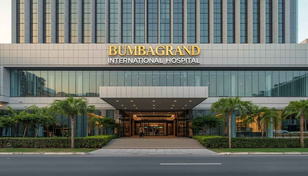 Bumrungrad International Hospital Bangkok exterior showing modern medical tourism facility with international patient entrance