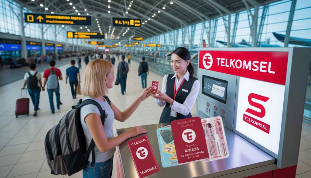 Getting Indonesian SIM card at Jakarta airport arrival terminal.