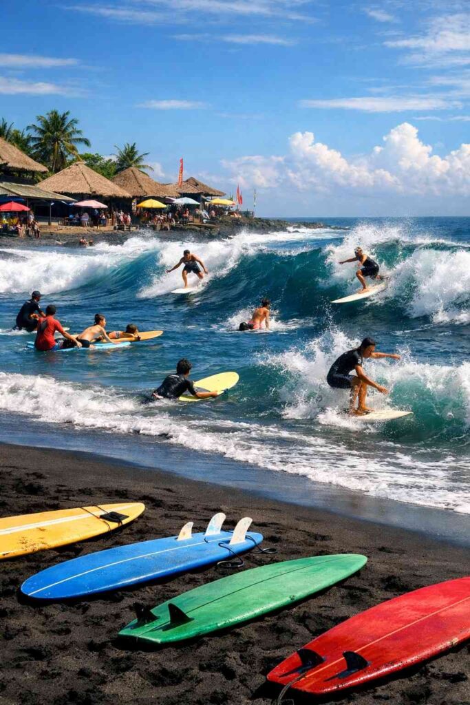 Surf culture in Canggu Bali with surfboards lined up at Echo Beach surf school