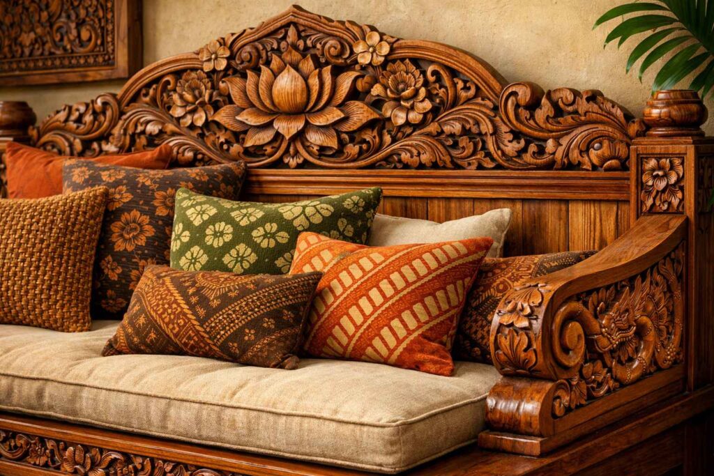 Bali aesthetic ideas, carved teak wood Balinese furniture with batik cushions in earthy color scheme