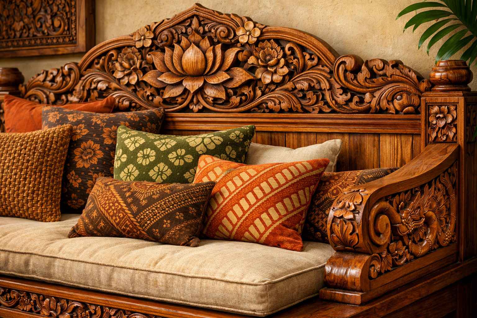 Bali aesthetic ideas, carved teak wood Balinese furniture with batik cushions in earthy color scheme