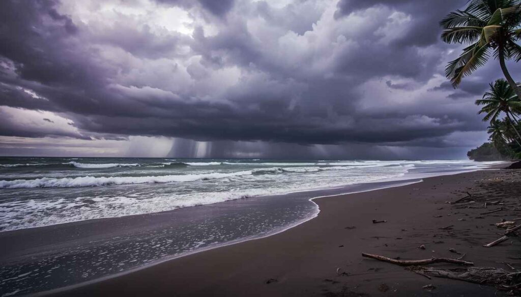 Dramatic afternoon rain clouds over Seminyak beach in Bali during January wet season with rough seas