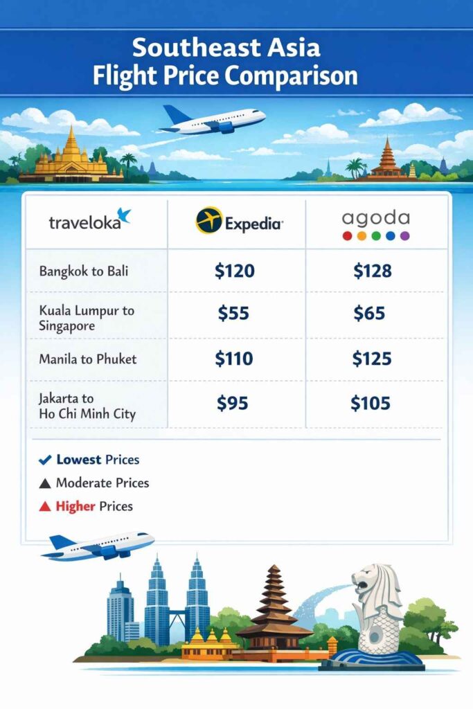 Comparison chart showing Traveloka vs Expedia vs Agoda pricing for Southeast Asian flights