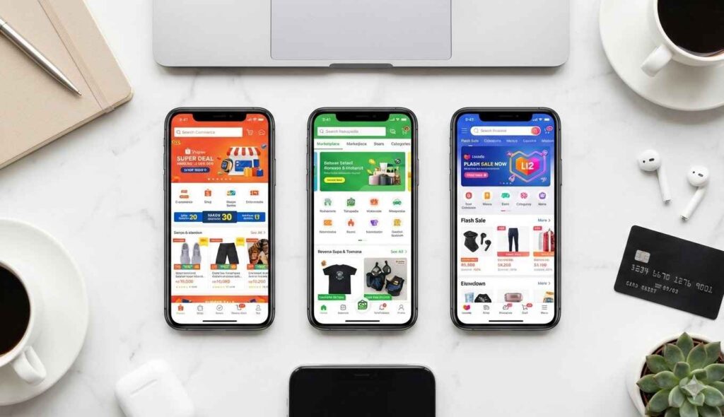 Comparison of best Indonesian e-commerce apps including Shopee, Tokopedia, and Lazada logos
