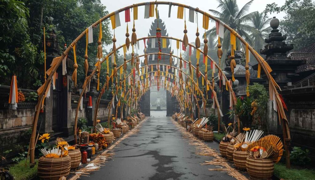 Galungan festival celebration in Bali with decorated bamboo penjor poles and temple offerings in January