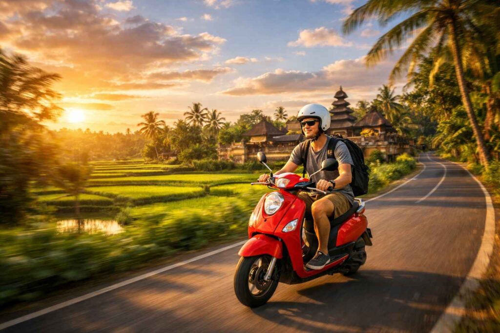 Travel insurance for digital nomads indonesia. Digital nomad on scooter in Ubud highlighting accident coverage needs