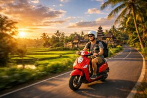 Travel insurance for digital nomads indonesia. Digital nomad on scooter in Ubud highlighting accident coverage needs