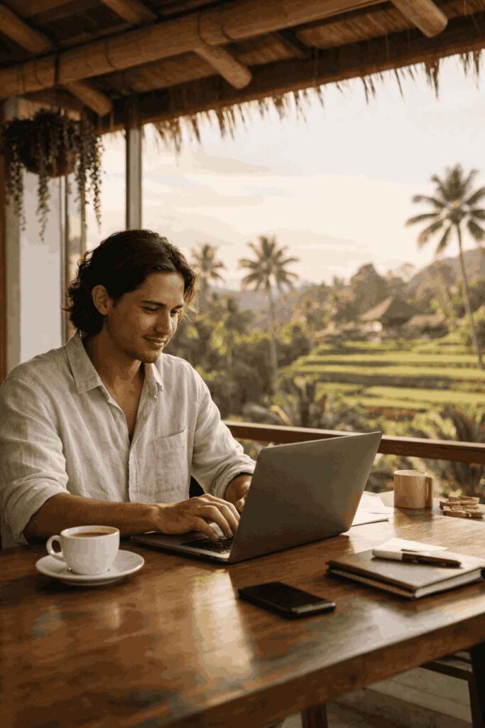 Digital nomad working remotely in Bali coworking space