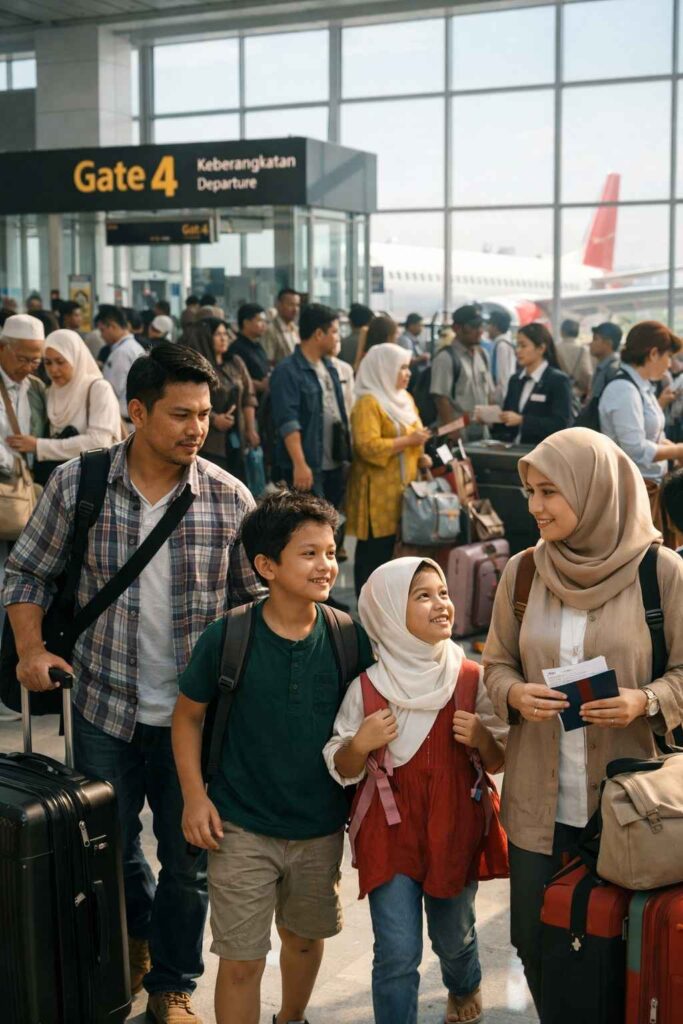 Indonesian families boarding domestic flight during Eid mudik season with luggage and travel preparations at modern airport terminal