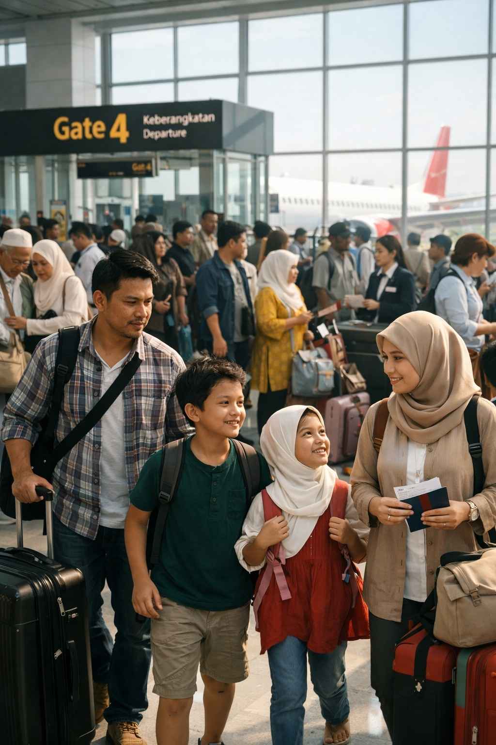 Indonesian families boarding domestic flight during Eid mudik season with luggage and travel preparations at modern airport terminal