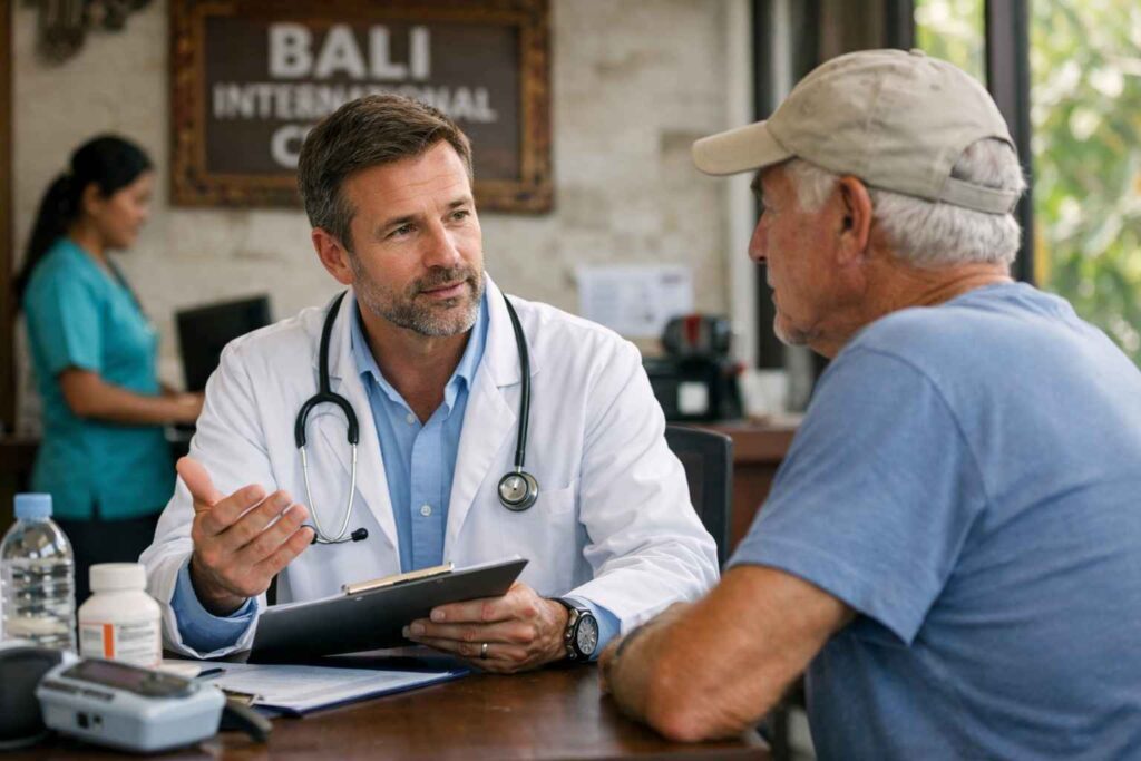 English-speaking doctor consulting with retired expat patient at Bali international clinic