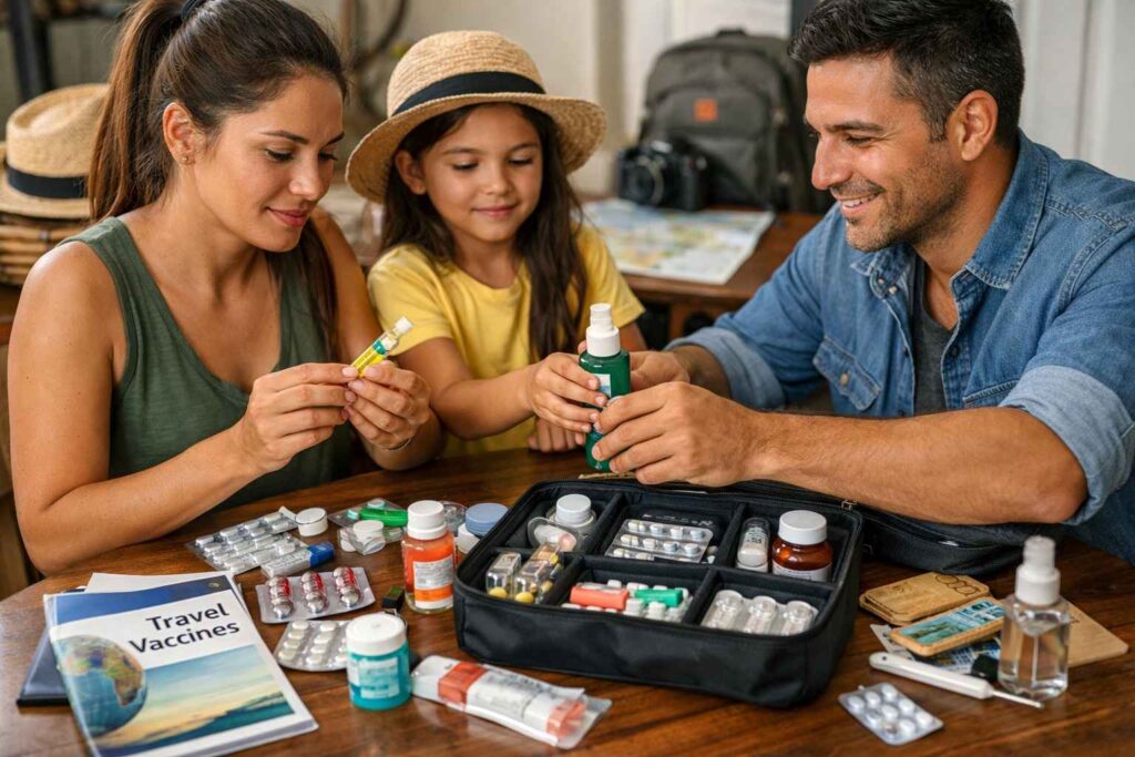 Family preparing travel health kit with vaccines, insect repellent, and medications for Bali trip