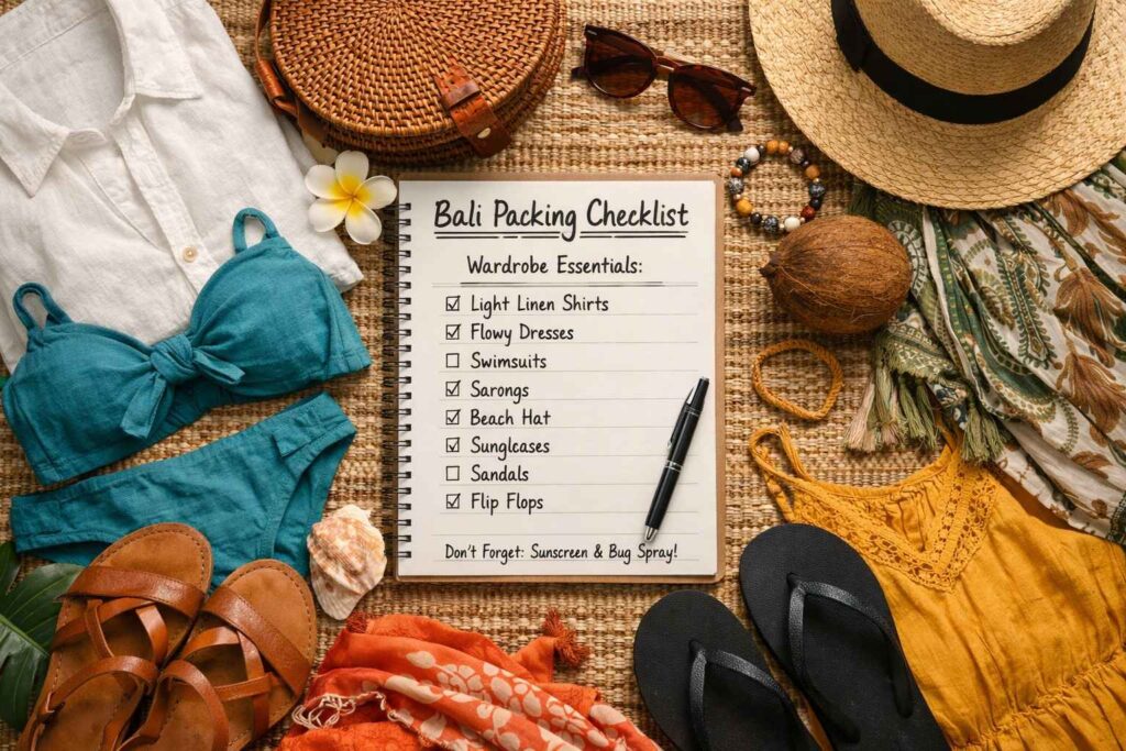 Flat lay packing checklist showing Bali wardrobe essentials including linen clothing, swimsuits, sarongs, and comfortable footwear