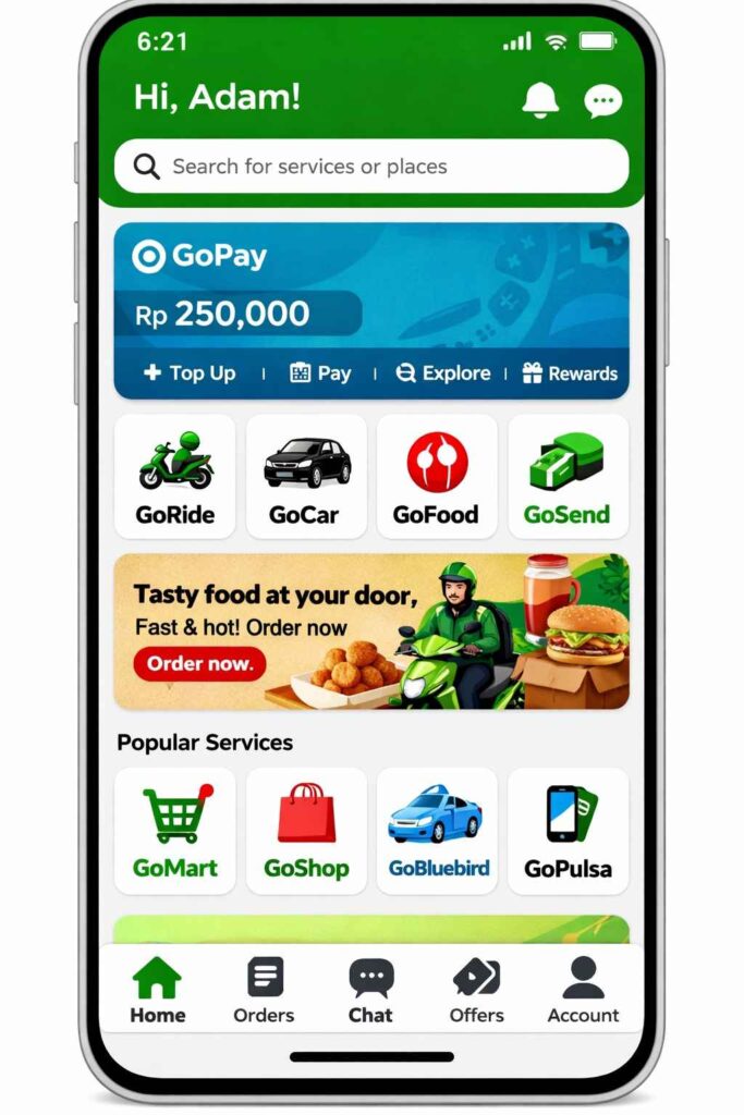 Gojek App Dashboard showing GoPay payment wallet