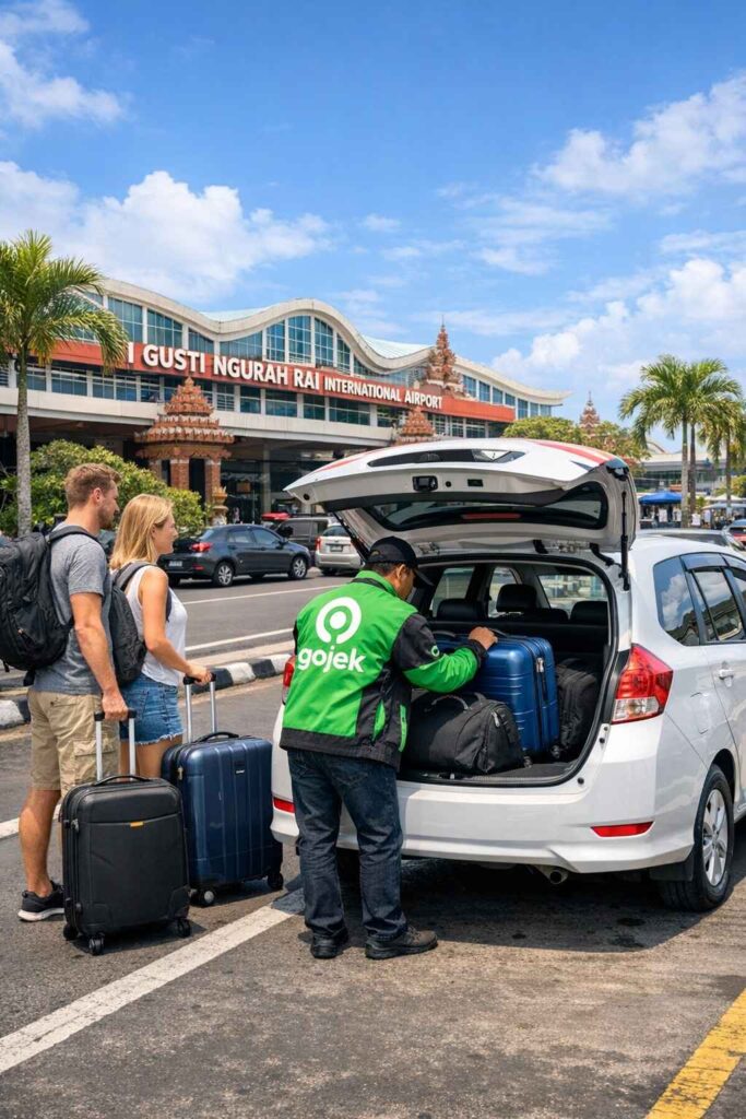 Gojek GoCar vehicle picking up passengers at Ngurah Rai Airport Bali