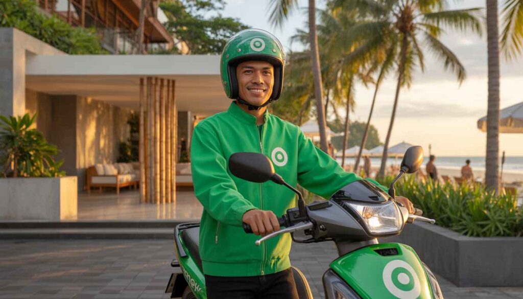 Gojek motorcycle driver in green jacket waiting outside Seminyak beach club Bali