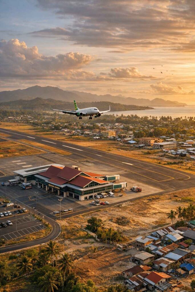 Aerial view of Indonesian secondary city airport in eastern Indonesia with incoming domestic aircraft and underdeveloped tourism infrastructure surrounding terminal