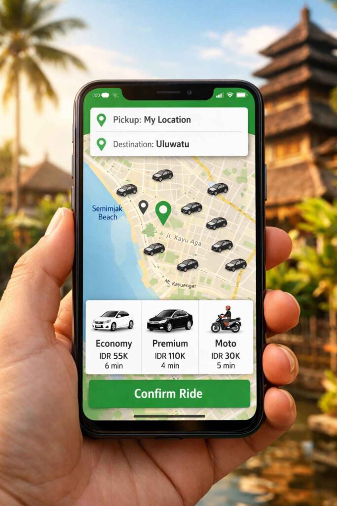 Grab Indonesia app interface showing ride booking screen in Bali
