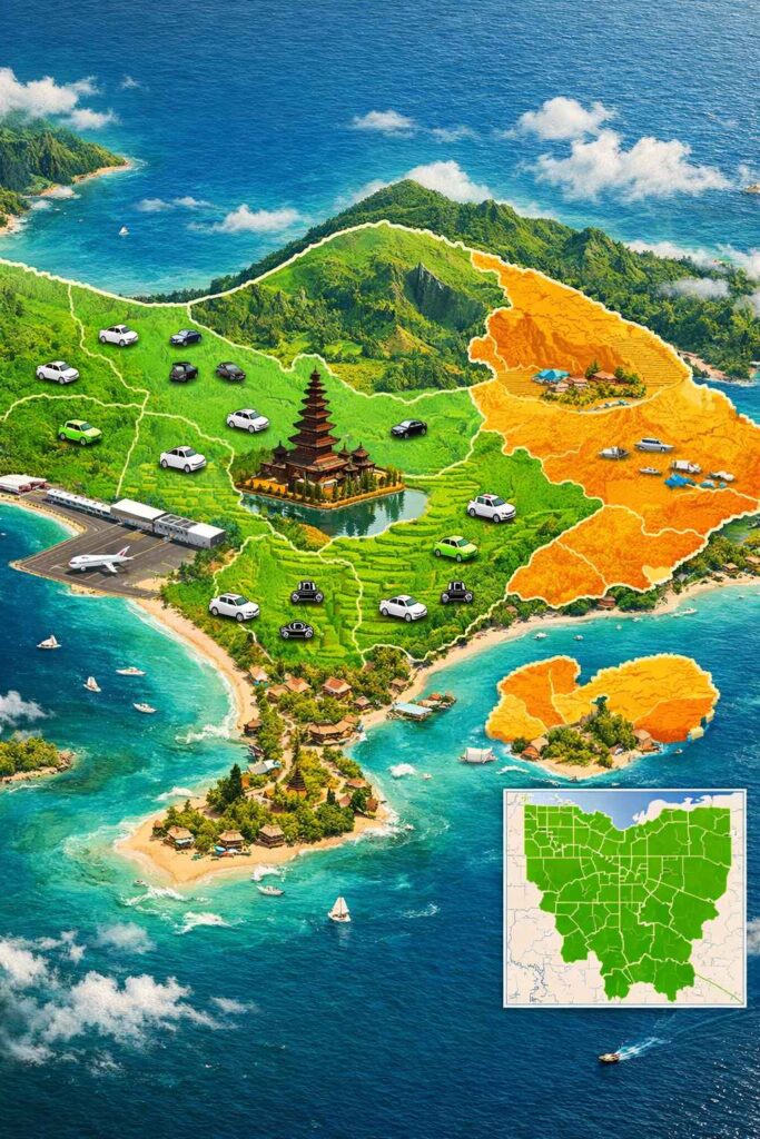 Grab coverage map highlighting service areas across Bali and Jakarta