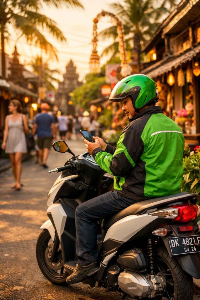 Grab motorcycle driver waiting at pickup location in Seminyak Indonesia