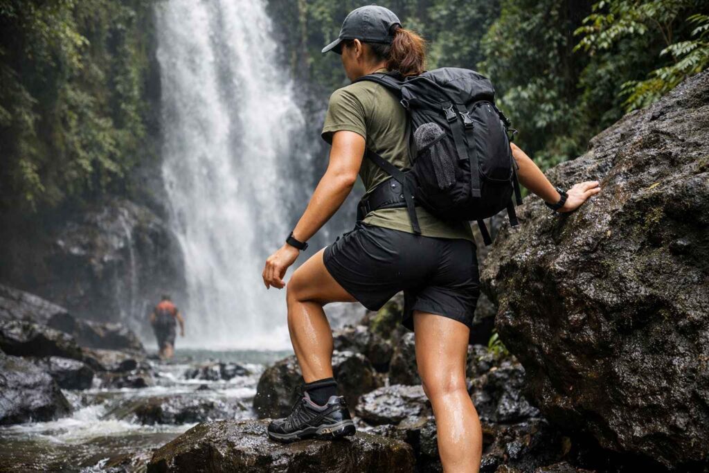 Hiking and waterfall adventure wear featuring quick-dry clothing, supportive shoes, and practical sportswear for Bali