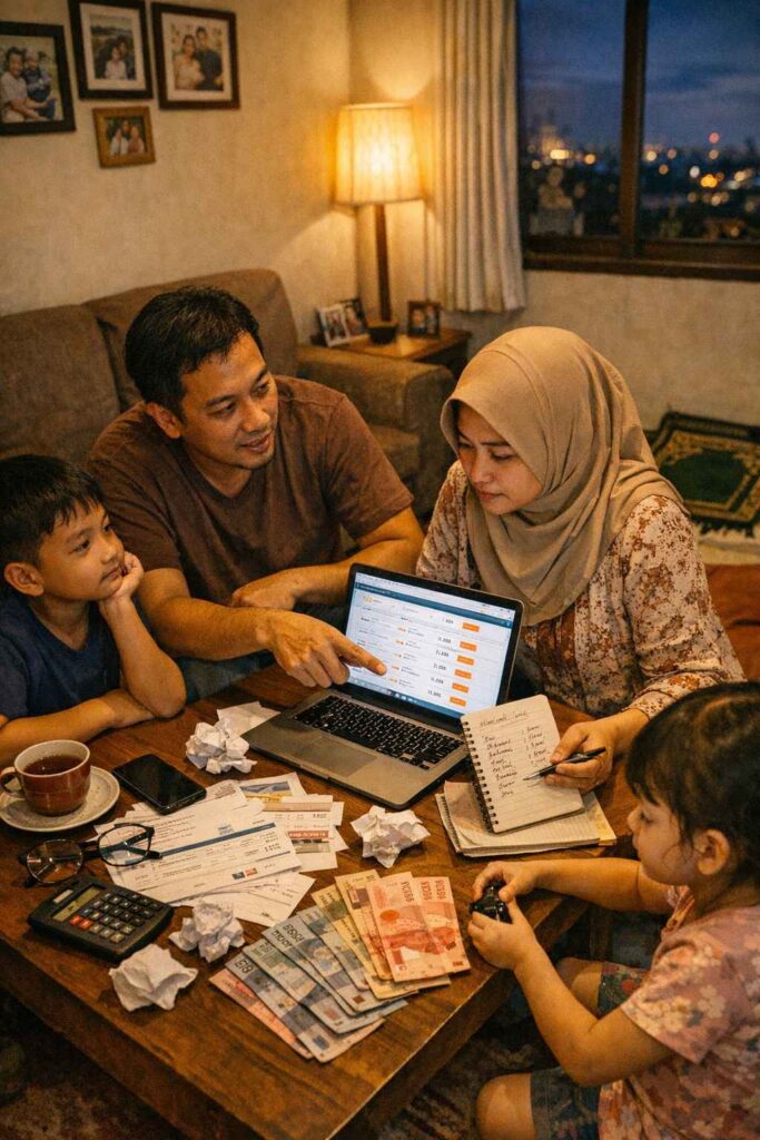 Indonesian middle-class family reviewing airline tickets and travel budget documents at home before Eid mudik journey with calculator and planning materials