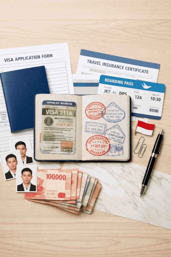 Digital nomad visa guide for Indonesia; Indonesian visa stamp in passport for digital nomad showing 211A Visit Visa entry authorization and validity dates
