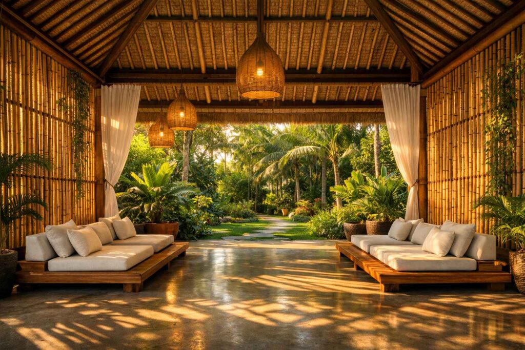 Indoor outdoor living space with bamboo panels and tropical plants Balinese architecture