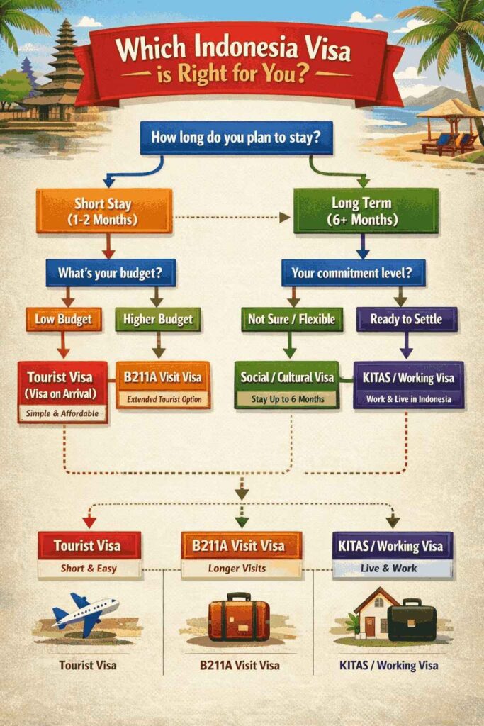 Infographic showing decision flowchart - "Which Indonesia Visa is Right for You?" with decision points based on stay duration, budget, and commitment level