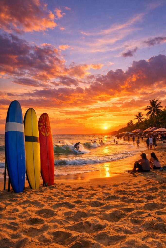Kuta Beach sunset view with surfers, best area to stay in Bali