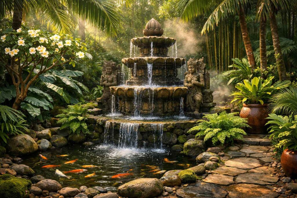 Lush tropical garden with stone water fountain and natural landscaping Bali aesthetic