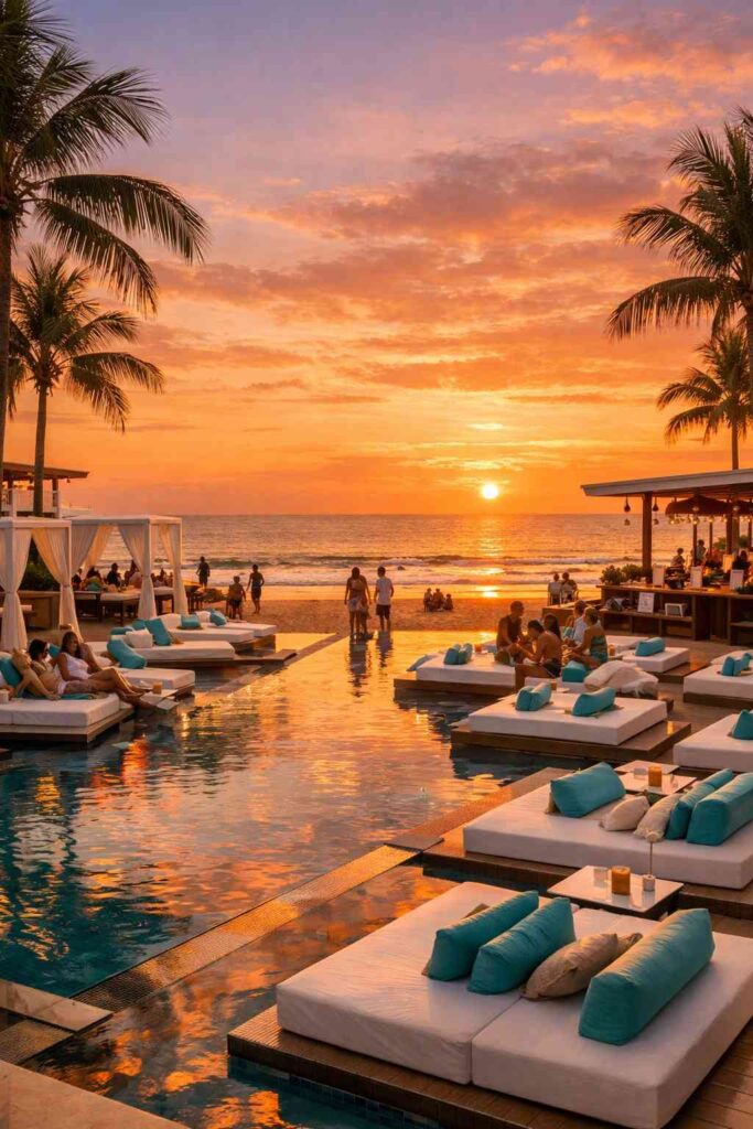 Seminyak beach club sunset scene with golden sand and luxury sunbeds at Potato Head